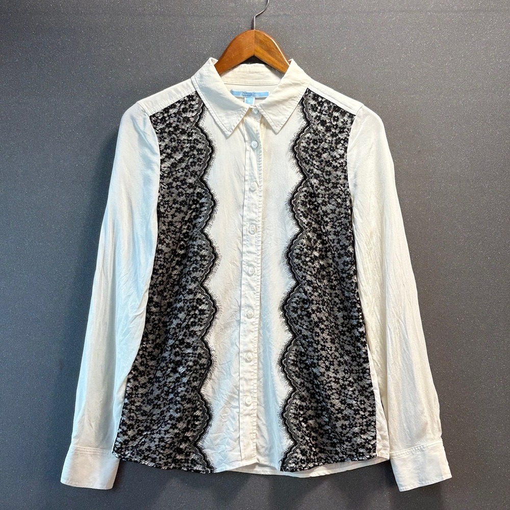 Draper James White Lace Panel Button Down‎ Long Sleeve Shirt - Size 8